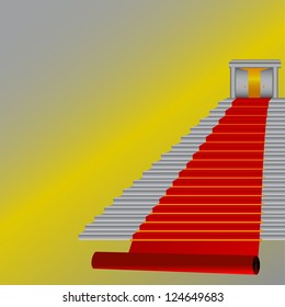 Staircase with a red carpet leading to a door with bright light/staircase/vector