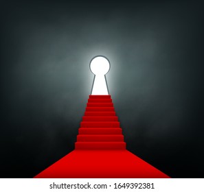 Staircase with a red carpet rises up to the keyhole. Concept of success and opportunities. Vector illustration.
