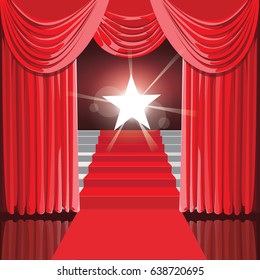 Staircase with red curtains and stars the winner . Vector Illustration