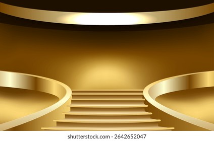 Tela de escada com espaço vazio para a exposição de produtos ou cerimônia de premiação decorada com holofotes e efeito bokeh ambiente e ouro brilhante. Arte moderna de fundo de luxo.