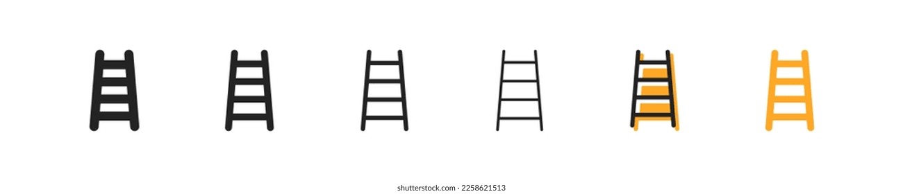 Staircase set of six icons in different styles. Height, ladder, rise, reach heights, career ladder, success, repair, construction. Tools concept. Set of vector images on a white background.