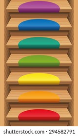 Staircase with seven rainbow colored mats - endlessly expendable upwards and downwards. Vector illustration.
