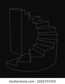 A staircase is shown in black and white. The staircase is made up of many steps, and it is a spiral staircase. The staircase is shown in a black and white photo, which gives it a classic
