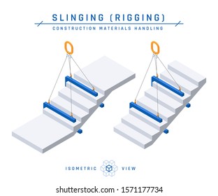 Staircase slinging concept, isometric view. Vector illustration isolated on a white background in flat style. Construction products collection.
