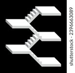 Staircase or steps 2D. Symbol of rise or level, upward movement or advancement in work. Steps, designation of development or stage, knowledge and skills or improvement.