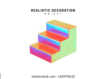 Staircase and steps, ladder 3d objects isolated on white background. Gradient hologram color shades. Realistic elements vector