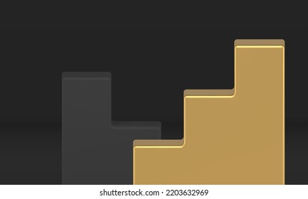 Staircase upward downward golden black competition podium best place level 3d design realistic vector illustration. Stairs step premium pedestal win showcase event celebration product presentation