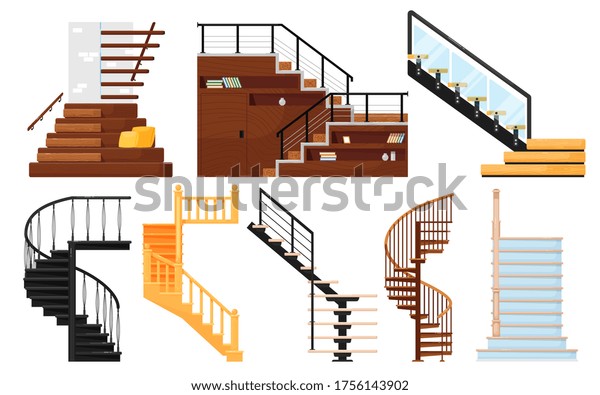 Staircase vector. Interior wooden\
stairs, store escalator, spiral staircase, floor to floor metal\
ladder. Cartoon stairs with handrails and steps\
collection
