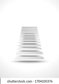 Staircase up in white interior. 3d vector Front view of steps to future soaring in space - spiritual and career promotion, personal or business development. Achievement staircase, stairway to heaven