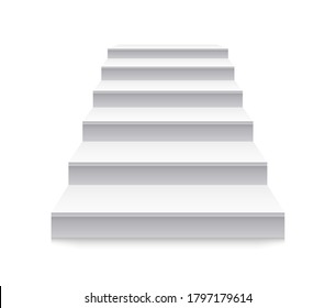 Staircase. White stair to up. Stairway before podium. 3d ladder with steps in front view. Blank interior isolated on white background. Architecture for home. Modern building of exterior. Vector.