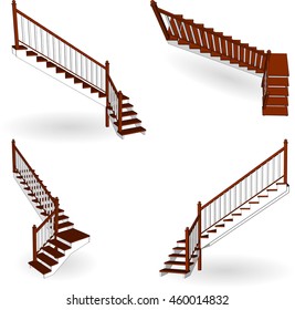 Staircases 3d Set wooden. Vector illustration on a white background.