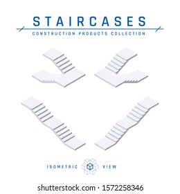 Staircases, isometric view. Set of icons for architectural designs. Vector illustration isolated on a white background in flat style. Construction products collection.