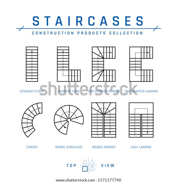 階段 平面図 建築設計図用の図面エレメントのセット 白い背景にアウトラインスタイルでベクターイラスト 建設製品のコレクション のベクター画像素材 ロイヤリティフリー