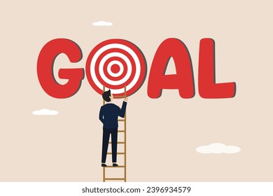 Stairs to achieve goals, success targets, business goals or goals concept, smart businessman climbs the stairs high into the cloud sky to reach the goal dartboard.