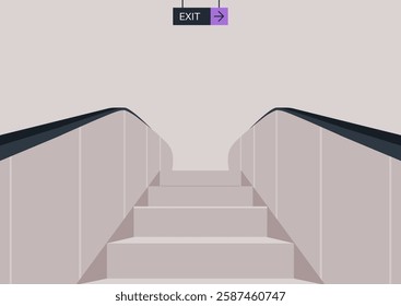 Stairs ascend towards a bright exit sign, emphasizing the journey from the underground metro system to the bustling life above, welcoming commuters to their destinations