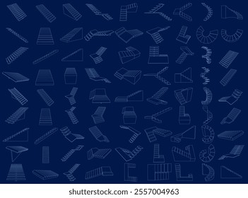 stairs blue contour vector illustration set