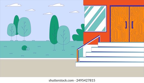 Stairs building exterior cartoon flat illustration. School staircase facility outside 2D line cityscape colorful background. Inaccessible city for disability users scene vector storytelling image