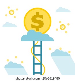 Stairs business step to dollar coin goal success on blue cloud with flat vector design.