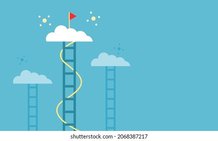 Stairs business step to red flag goal success on white cloud with copy space flat vector design.