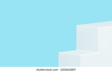 Stairs champion pedestal progress level contest podium staircase foundation 3d design blue studio background realistic vector illustration. Victory platform basic white steps block scene decor