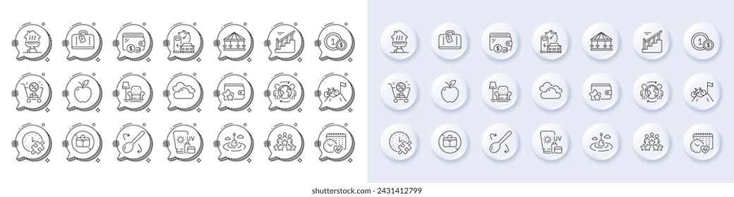 Stairs, Charging station and Cooking spoon line icons. White pin 3d buttons, chat bubbles icons. Pack of Fishing float, Cloudy weather, Mountain bike icon. Vector