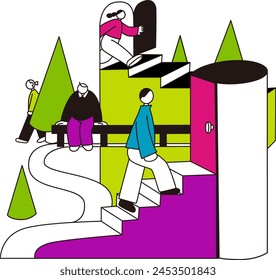 Stairs, city, people, line drawing, vector