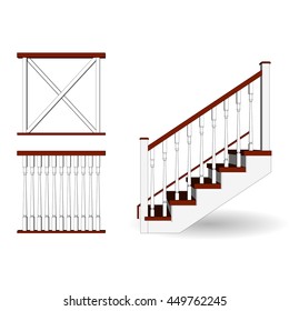 Stairs classical icon and fence  Set samples railing  Vector illustration white background 