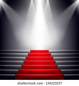 Stairs Covered With Red Carpet. Scene Illuminated By A Spotlight