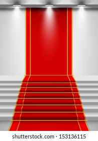 Stairs covered with red carpet with a spotlight.