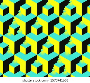 stairs cubes with bubbles piles seamless pattern in blue yellow shades