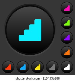 Stairs dark push buttons with vivid color icons on dark grey background