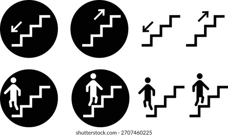 Conjunto de iconos de dirección de escaleras: símbolos de flecha arriba y abajo, pictogramas de persona caminante, Ilustración vectorial de dirección de seguridad 