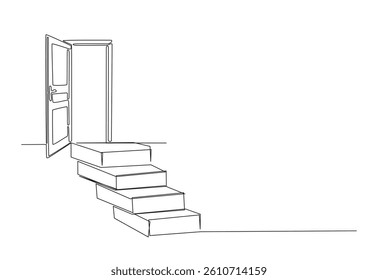 Stairs and door in continuous one line drawing. Single line art illustration of opened door with the stairs . Editable vector.