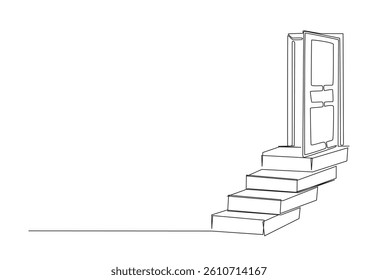 Stairs and door in continuous one line drawing. Single line art illustration of opened door with the stairs . Editable vector.