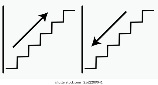 Stairs up and Stairs down arrow graph sign icon. Bundle pictogram icon up and down stairs with arrow. Ladder sign symbol. Vector illustration