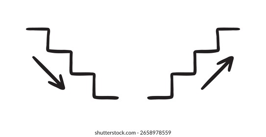 escadas para cima e para baixo com o ícone de seta doodle hand draw. Símbolo clipart de desenho de linha de tópicos. Ilustração vetorial
