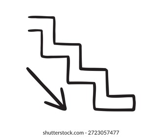 escadas para baixo com ícone de seta doodle mão desenhada. Símbolo clipart de desenho de linha de tópicos. Ilustração vetorial