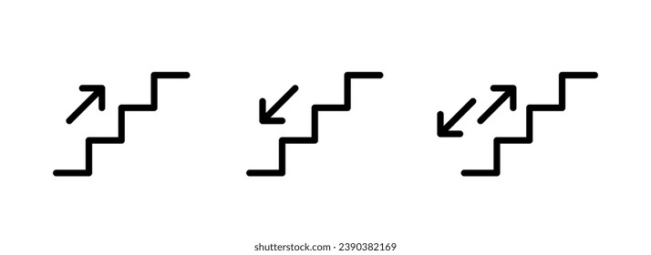 Stairs up and down icon with arrow. Stairway direction sign. Up and down stair symbol. Escalator black pictogram. Vector illustration isolated on white background. Editable stroke.