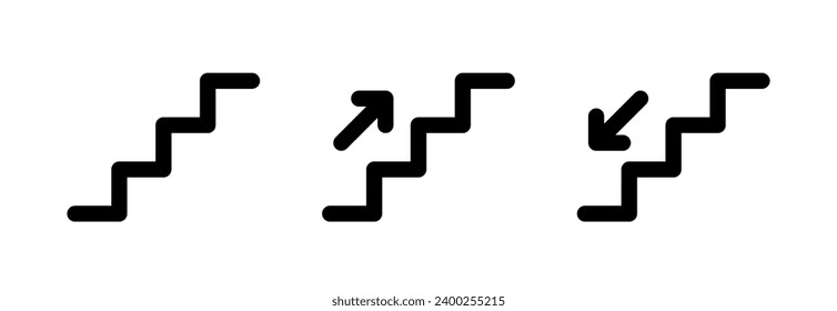 Stairs up and down icon with arrow. Stairway direction sign. Up and down stair symbol. Escalator black pictogram. Vector illustration isolated on white background. Editable stroke.