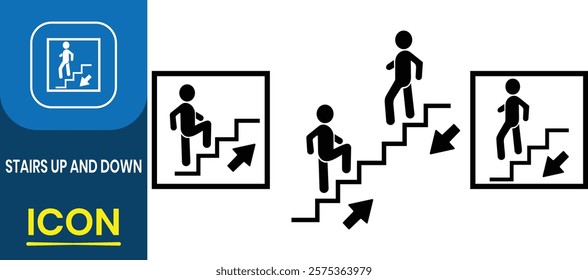 Stairs up and down icon set. Walking man in the stairs. Safe moving upstairs, downstairs, Clipper depict various actions of a person with stairs. upward, downward, isolated vector illustration set.