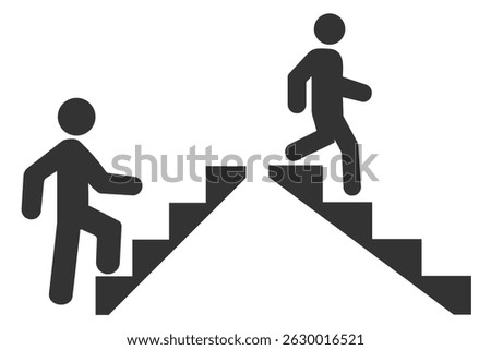 Stairs up and down icon vector, with a men. Stairs up and down person, line icon. Climb Up-Down Stair Sign Flat Icon on White Background. Walking up Down staircase or stairs sign flat vector icon, 