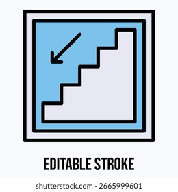 stairs Down Sign Vector Icon, Isolated Vector Lineal Color Style Icon, Editable Stroke.