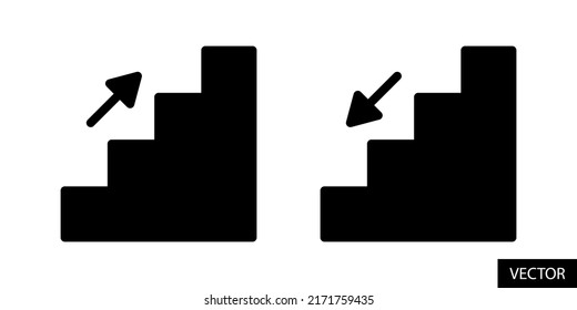 Stairs up and Stairs down sign vector icons in flat style design for website design, app, UI, isolated on white background. Silhouette icons. EPS 10 vector illustration.