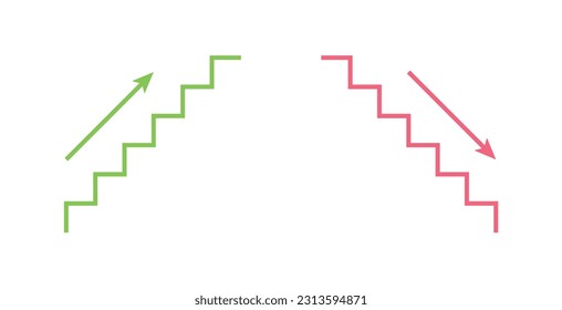Escaleras arriba y escaleras abajo símbolo. Bajando y subiendo escaleras. Ilustración vectorial aislada en fondo blanco.