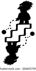 Stairs drop bounce surreal gravity physics experiment figure silhouette stencil black, vector illustration, vertical, over white, isolated
