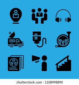 stairs, drop counter, french horn, location, meeting, van, newspaper, headphones and promoting vector icon. Simple icons set