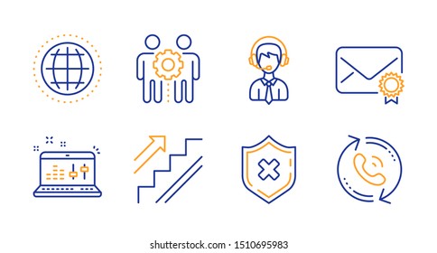 Stairs, Employees teamwork and Verified mail line icons set. Shipping support, Sound check and Reject protection signs. Globe, Call center symbols. Stairway, Collaboration. Business set. Vector