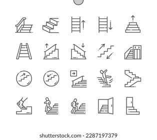 Stairs. Escalator airport, elevator. Go down, up. Emergency exit. Pixel Perfect Vector Thin Line Icons. Simple Minimal Pictogram