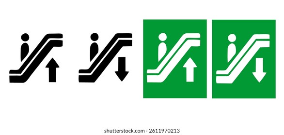 Stairs and escalator icon set up down steps signs. Vector symbols of stairs and escalators pointers