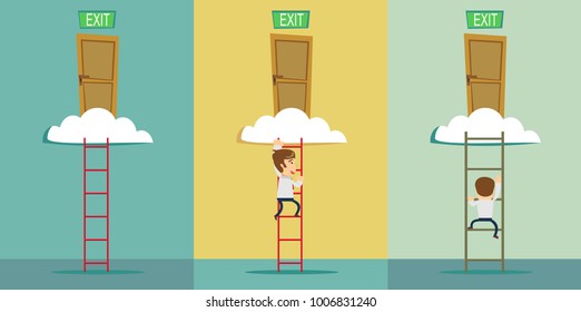 stairs to the exit on the cloud. Set. Stock flat vector illustration.